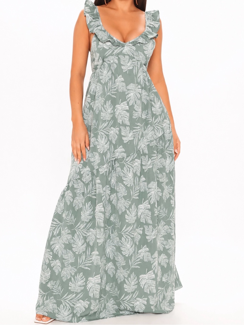 NWT Sage Green Tropical Leaf Maxi Dress | Ruffle Straps